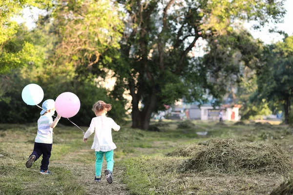 Küçük Çocuklar Balonlarla Parkta Yürüyorlar — Stok fotoğraf