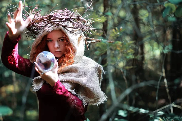 Red Haired Witch Holds Ritual Crystal Ball Fores — Stock Photo, Image