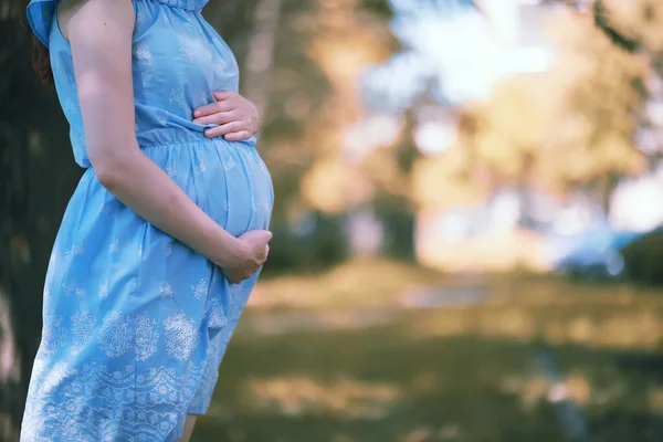 Беременная Девушка Платье Природе Волне — стоковое фото