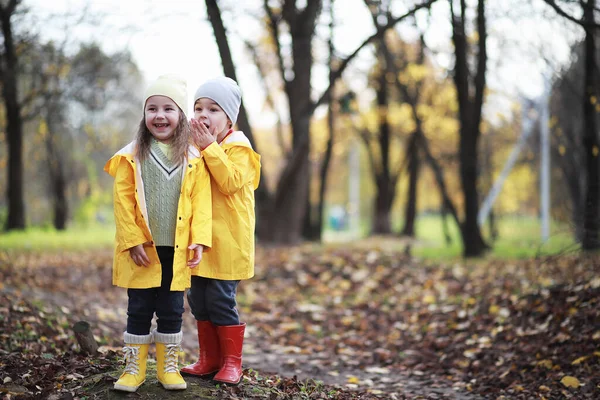 Les Enfants Marchent Dans Parc Automne Dans Fal — Photo