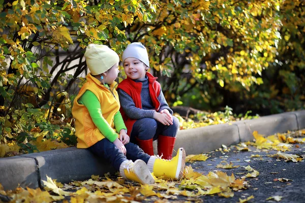 Çocuklar Sonbaharda Sonbahar Parkında Yürür — Stok fotoğraf