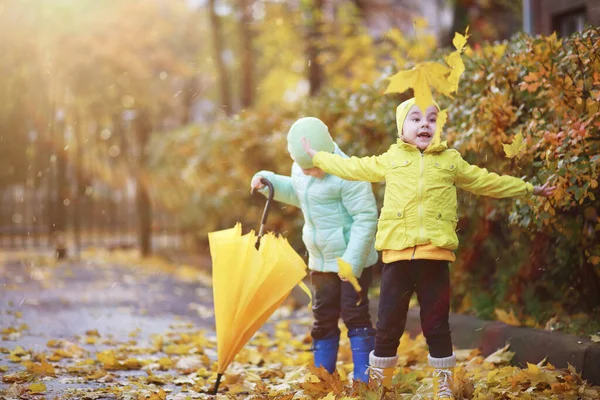 Los Niños Caminan Parque Otoño Fal —  Fotos de Stock