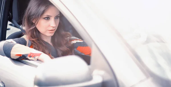 Girl Driving Car Bad Emotions Her Fac — Stock Photo, Image