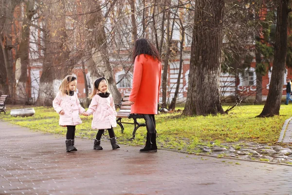 Jeune Famille Promenade Dans Parc Automne Par Une Journée Ensoleillée — Photo