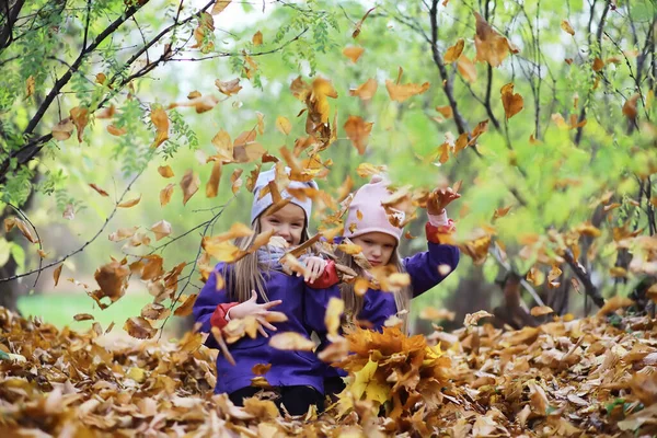 Enfants Pour Une Promenade Dans Parc Automne Les Feuilles Tombent — Photo