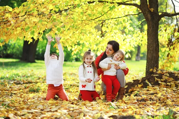 Children Walk Autumn Park Leaf Fall Park Family Fall Happiness — Stock Photo, Image