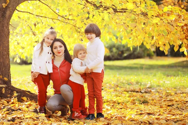 Familia Joven Paseo Por Parque Otoño Día Soleado Felicidad Estar — Foto de Stock