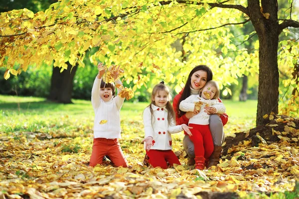 Children Walk Autumn Park Leaf Fall Park Family Fall Happiness — Stock Photo, Image