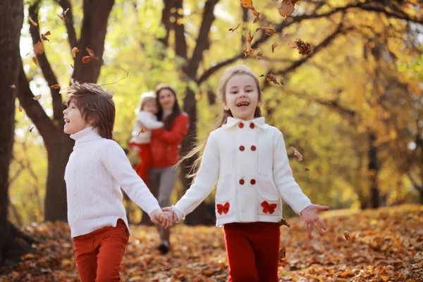 Jonge Familie Een Wandeling Het Herfstpark Zonnige Dag Geluk Samen — Stockfoto