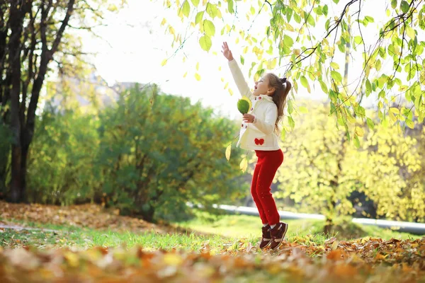 秋の公園を散歩する子供たち 公園の葉が落ちる 家族だ — ストック写真