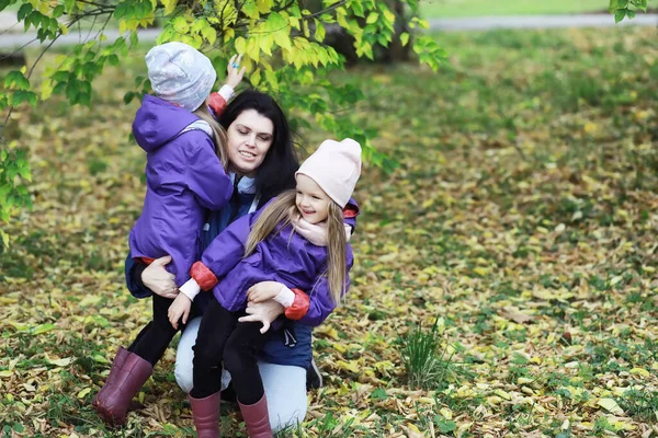 Barn För Promenad Höstparken Löv Faller Parken Familjen Fall Lycka — Stockfoto