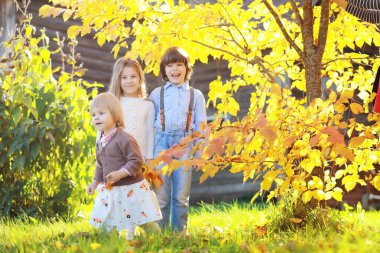 Genç bir aile güneşli bir günde sonbahar parkında yürüyüş yapıyor. Birlikte olmanın mutluluğu..