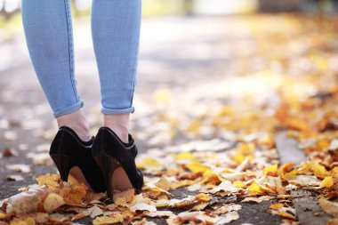 Sonbahar parkında yürüyüş yapan genç ve güzel bir kız. Şehir parkında yapraklar dökülüyor. Ekim.