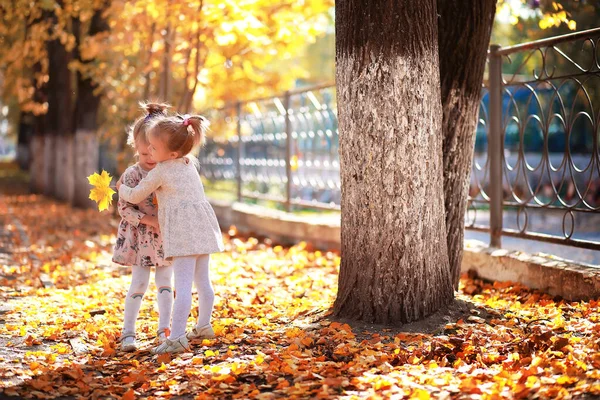Листья Падают Парке Дети Прогулку Осенний Парк Семья Падение Счастье — стоковое фото