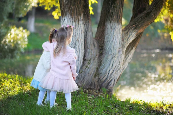 Löv Faller Parken Barn För Promenad Höstparken Familjen Fall Lycka — Stockfoto