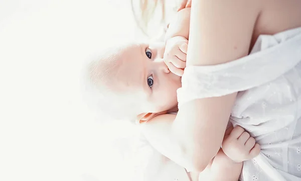 Maternity Concept Young Mother Feeds Her Little Baby First Lure — Stock Photo, Image