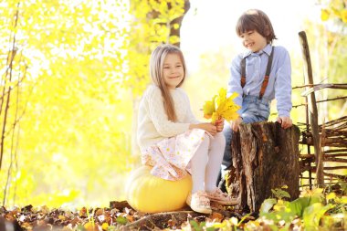 Genç bir aile güneşli bir günde sonbahar parkında yürüyüş yapıyor. Birlikte olmanın mutluluğu..