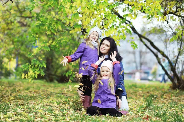孩子们在秋天的公园散步 树叶落在公园里 掉下去幸福 — 图库照片