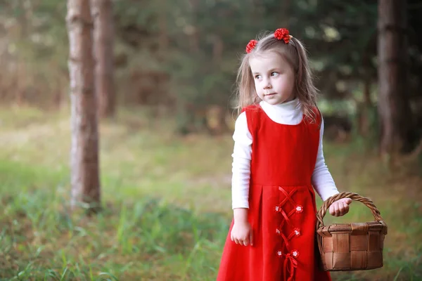 Liten Flicka Röd Hatt Och Klänningar Går Parken Cosplay För — Stockfoto