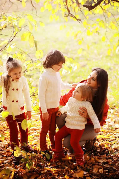Νεαρή Οικογένεια Μια Βόλτα Στο Πάρκο Φθινόπωρο Την Ηλιόλουστη Μέρα — Φωτογραφία Αρχείου