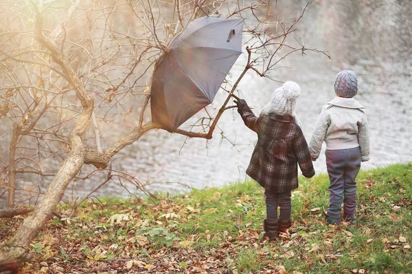 Gyerekek Sétálnak Őszi Parkban Falon — Stock Fotó