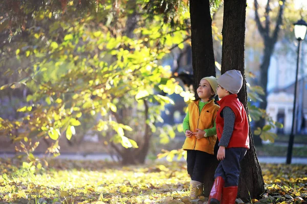 Los Niños Caminan Parque Otoño Fal —  Fotos de Stock