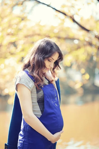 Donna Incinta Una Passeggiata Nel Parco — Foto Stock