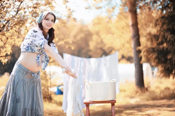 Pregnant Woman Hanging Sheets Rope Drying — Stock Photo, Image