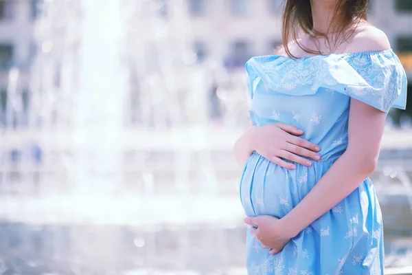 Schwangere Mädchen Einem Kleid Der Natur Auf Einem Wandbild — Stockfoto