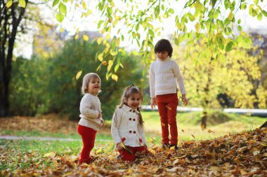 Sonbahar parkında yürüyüşe çıkmış çocuklar. Yaprak parkta düşer. - Aile. Düş! Mutluluk.