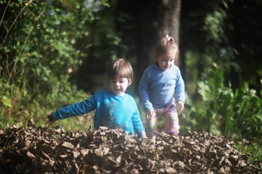 Yaprak parkta düşer. Sonbahar parkında yürüyüşe çıkmış çocuklar. - Aile. Düş! Mutluluk.