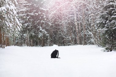 Ormandaki çayırda beyaz kar üzerinde sırt çantası 