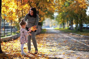Yaprak parkta düşer. Sonbahar parkında yürüyüşe çıkmış çocuklar. - Aile. Düş! Mutluluk.