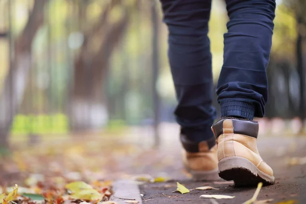 Autumn Concept Pedestrian Feet Road Autumn Leaves Footpath — Stock Photo, Image