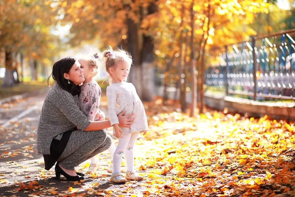 Leaf Fall Park Children Walk Autumn Park Family Fall Happiness — Stock Photo, Image