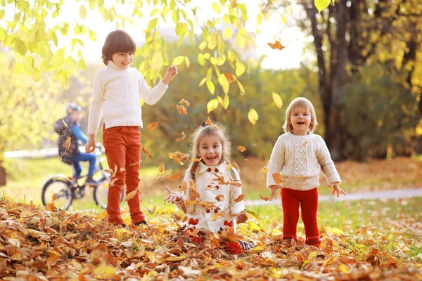 Jeune Famille Promenade Dans Parc Automne Par Une Journée Ensoleillée — Photo