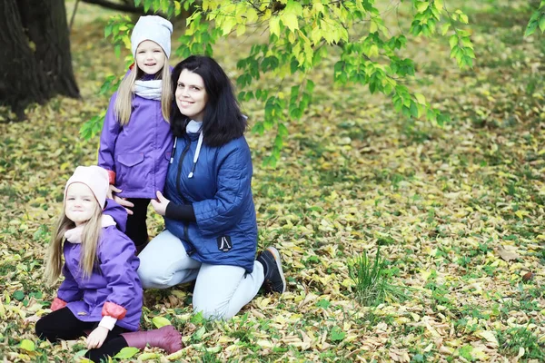 Παιδιά Για Βόλτα Στο Πάρκο Του Φθινοπώρου Φύλλα Πέφτουν Στο — Φωτογραφία Αρχείου