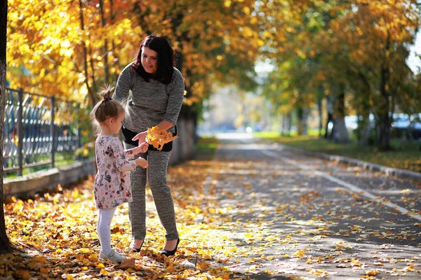 Yaprak parkta düşer. Sonbahar parkında yürüyüşe çıkmış çocuklar. - Aile. Düş! Mutluluk.