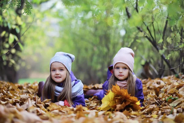 Enfants Pour Une Promenade Dans Parc Automne Les Feuilles Tombent — Photo