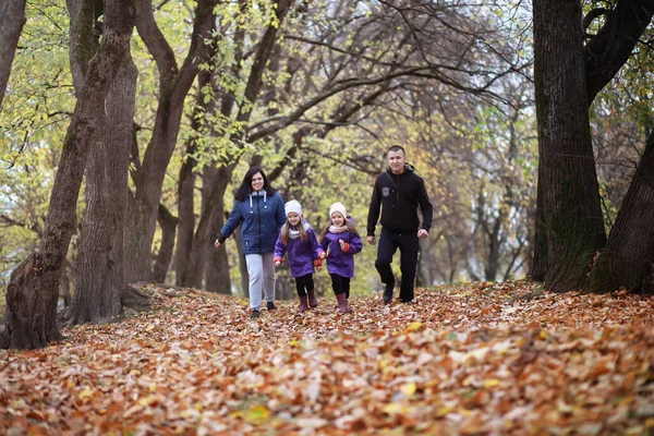 Молодая Семья Прогулке Осеннем Парке Солнечный День Счастье Вместе — стоковое фото