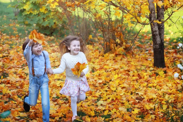 Ung Familj Promenad Höstparken Solig Dag Lycka Att Vara Tillsammans — Stockfoto