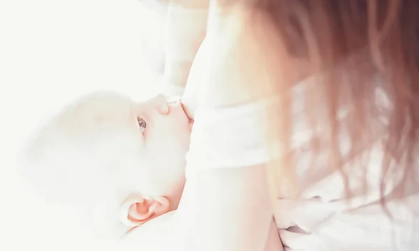 Concept Maternité Une Jeune Mère Nourrit Son Petit Bébé Premier — Photo