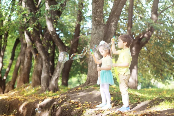 Çocuklarla Birlikte Yaz Parkında Yürüyüş Yapan Bir Aile Sonbahar Parkı — Stok fotoğraf