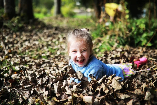 Laubfall Park Kinder Spazieren Herbstlichen Park Familie Sturz Glück — Stockfoto
