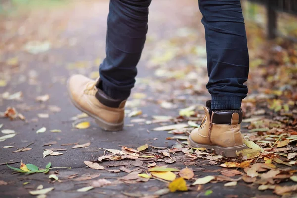 Autumn Concept Pedestrian Feet Road Autumn Leaves Footpath — Stock Photo, Image