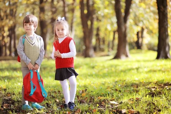 Kinderen Met Aktetassen Voor Een Wandeling Het Park Schoolvakantie Het — Stockfoto