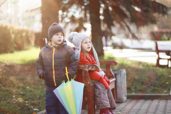 Los Niños Caminan Parque Otoño Fal — Foto de Stock