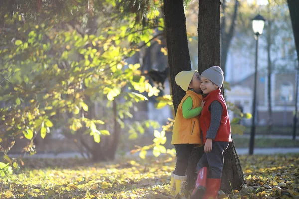 Gyerekek Ősszel Sétálnak Őszi Parkban — Stock Fotó