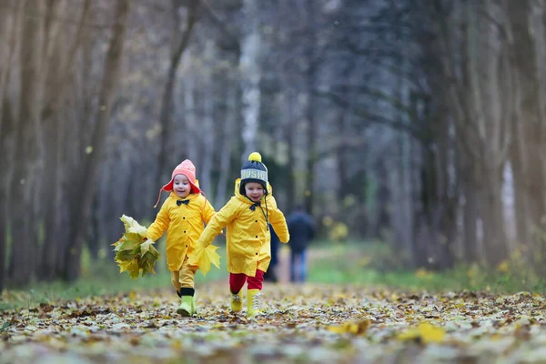 Les Petits Enfants Marchent Dans Parc Automne Automne Congé — Photo