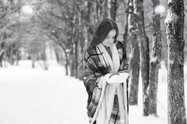 Kışın Bulutlu Bir Günde Karla Kaplı Tarlalarda Ormanlarda Bir Kız — Stok fotoğraf